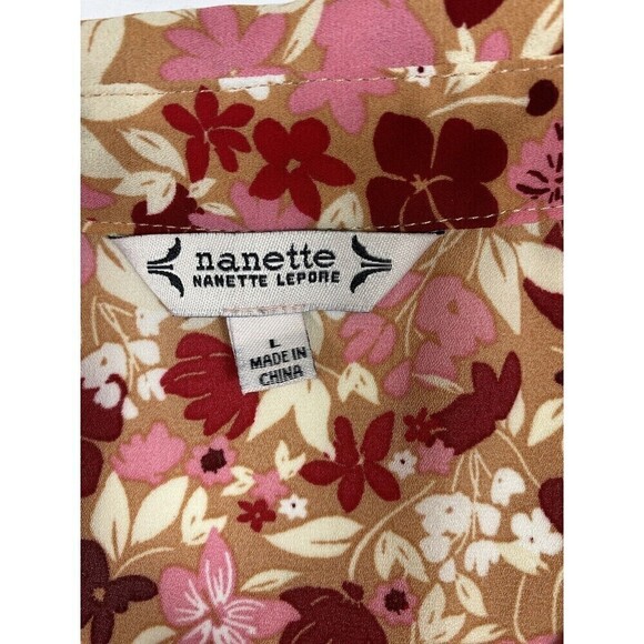 Nanette Lepore Floral Blouse Gold Red Pink Large 3/4 Sleeves Button Down Career - Picture 4 of 10